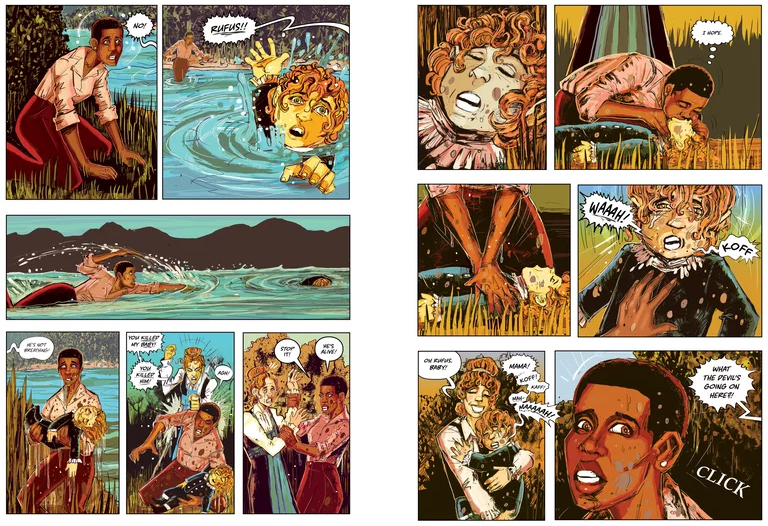 Art from Kindred graphic novel depicting a Black woman rescuing a white child from drowning, being accused of killing him by the child's mother, and successfully resuscitating him