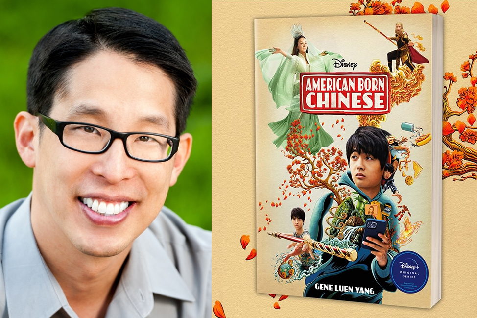 Collage of Gene Luen Yang's photo and the cover art of the Disney+ tie-in edition of American Born Chinese
