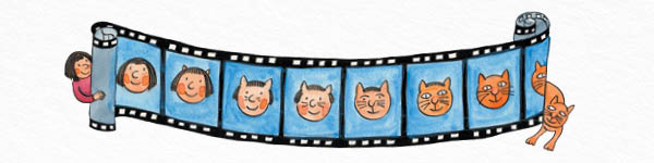 An illustrated filmstrip at the top with illustrations of cats on the individual frames